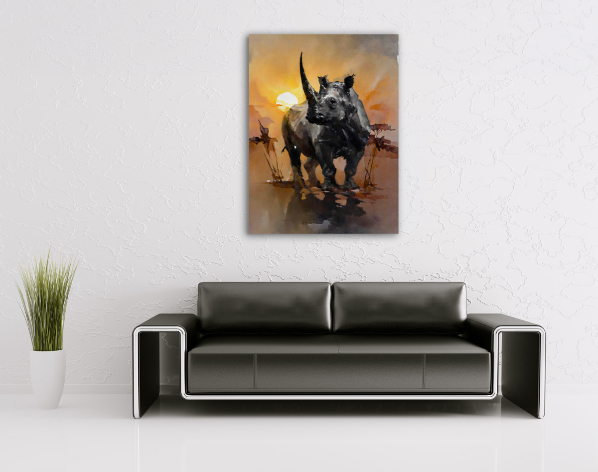 214-1789-wohnzimmer-schwarzer- Nashorn-bei-Sonnenuntergang-reproduktionen-motive